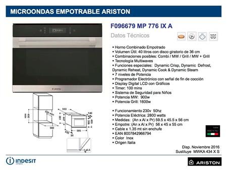 Microondas ARISTON MP 776 IX 40 Lts Empotrable